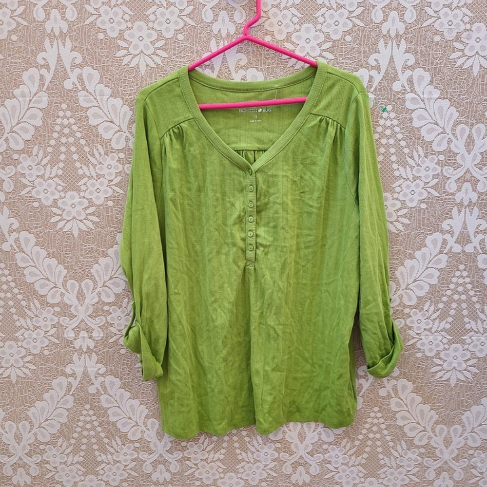 FASHION BUG Green Long Cuffed Sleeves Women's Plus Size 1X Blouse Top Sweatshirt
